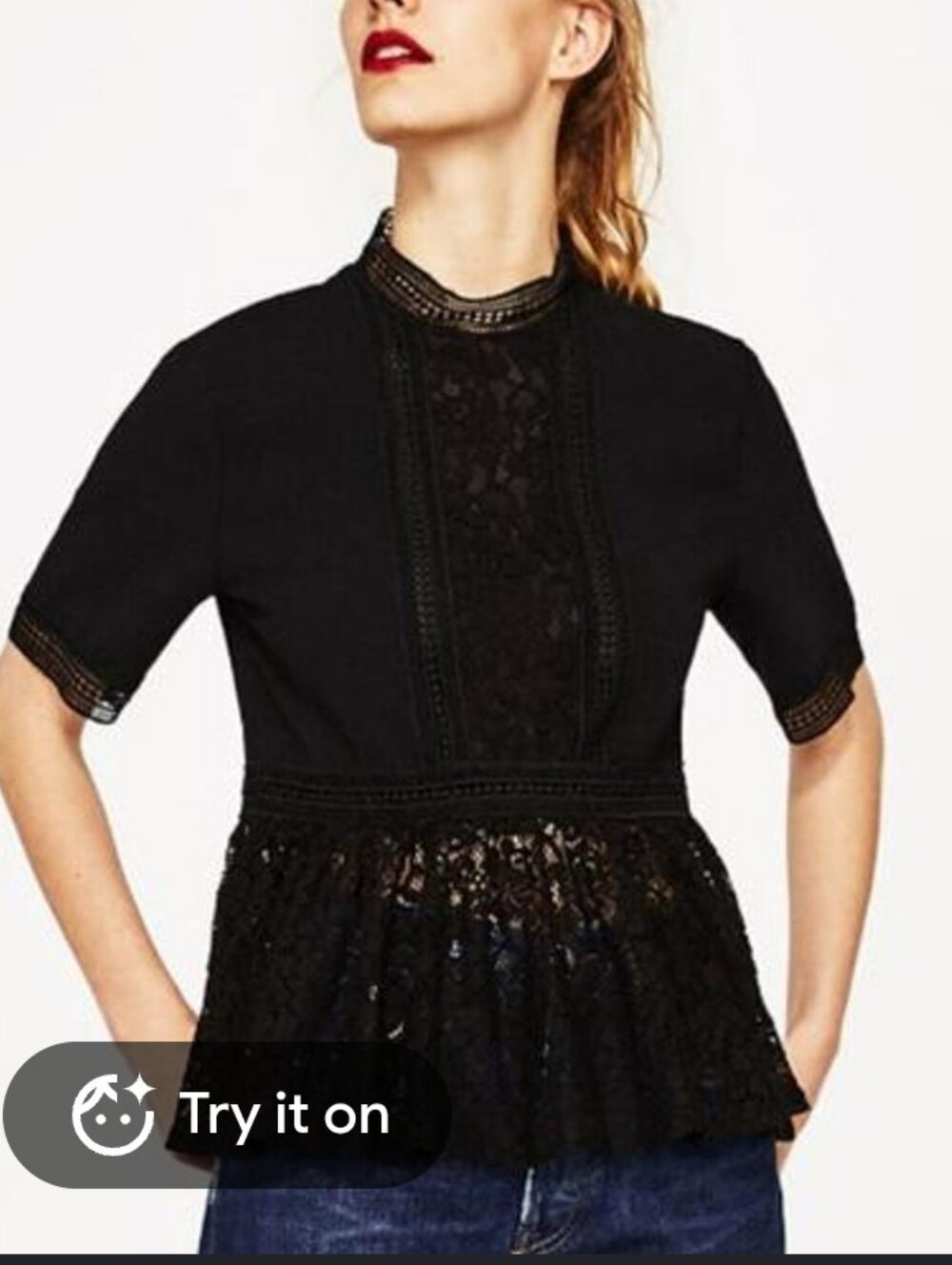 ZARA Lace Peplum Blouse - Black Women's Size Medium